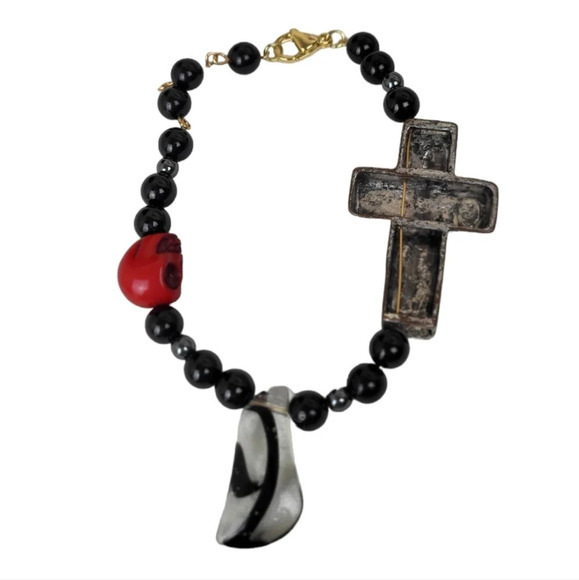 14K Gold Plated Natural Tourmaline Beads Black Metal Cross Red Skull - Picture 3 of 6